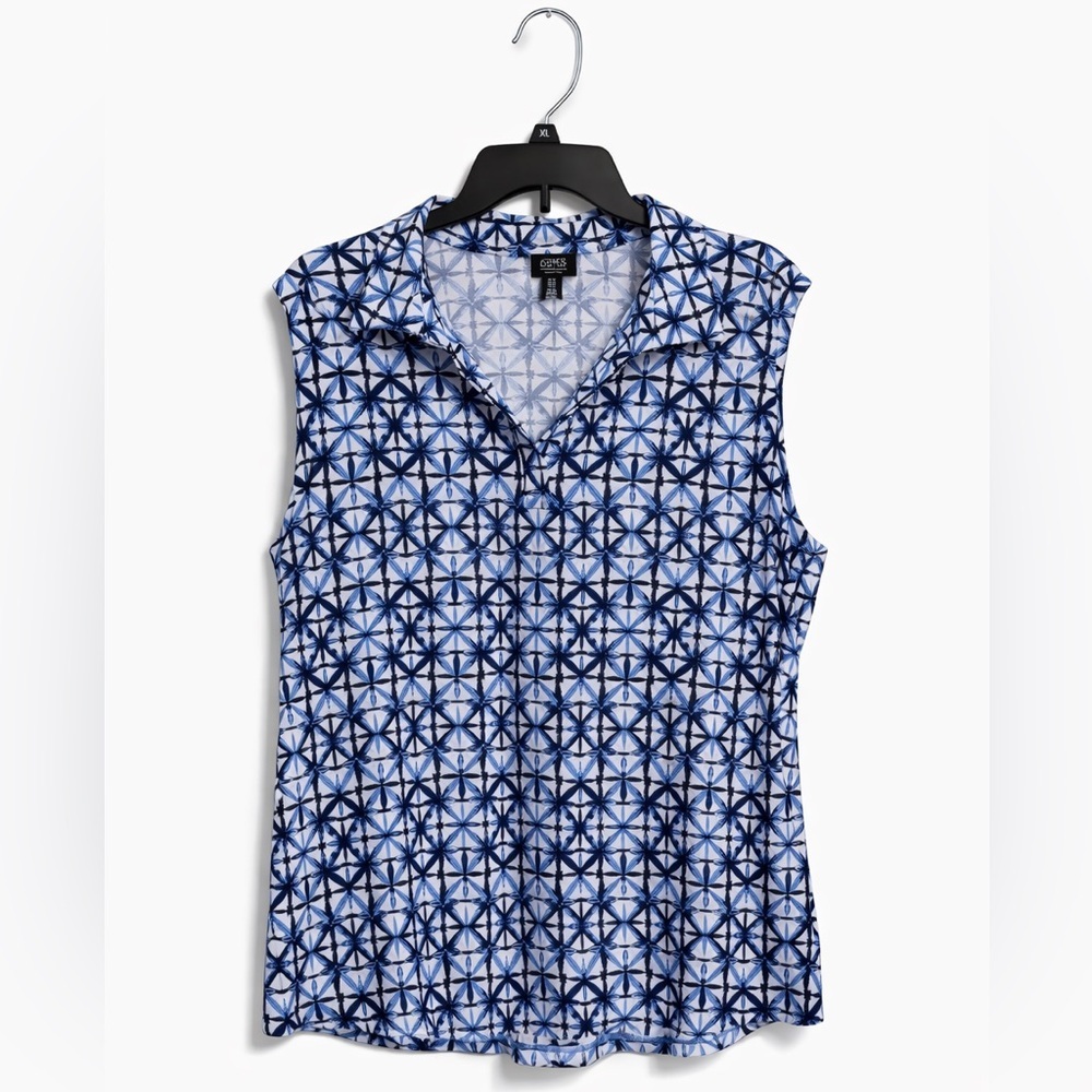 Jones New York Signature Sleeveless Collared Top XL Blue White Stretch